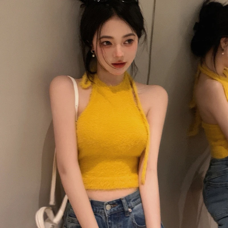 Women's Tank Top Summer Solid Colour Halter Backless Dopamine Tank Top Women Sexy Slim Tops Knitted Cropped Streetwear