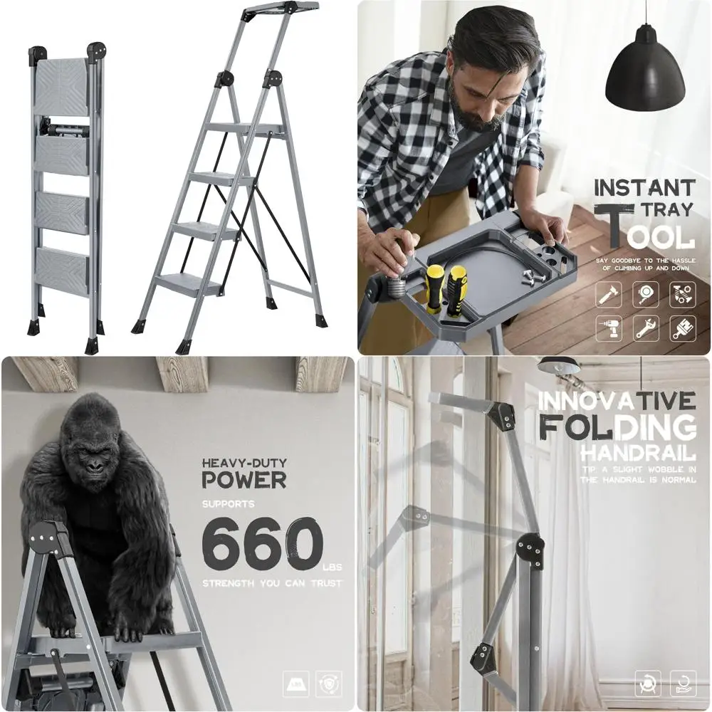 

4-ступенчатая лестница XinSunho, складная стремянка с поручнями и подносом, сверхпрочные широкие педали 660 фунтов, прочная стальная складная лестница L