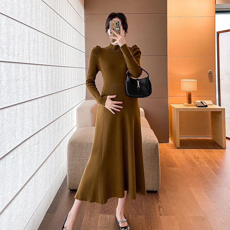 

Maternity Solid Knit Dress For Autumn Winter 2024 New Clothes For Pregnant Women Fashion Half High Collar Slim Pregnancy Sweater