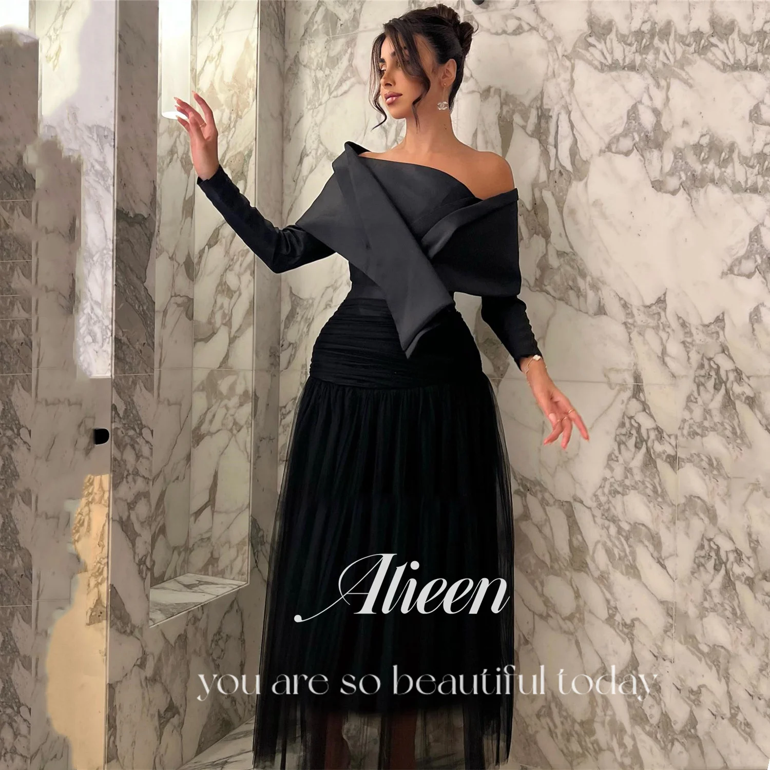 

Aileen Medium Length Womens Dresses for Special Occasions فساتين سهرة Women Evening Dress Vestidos De Fiesta Customized Black