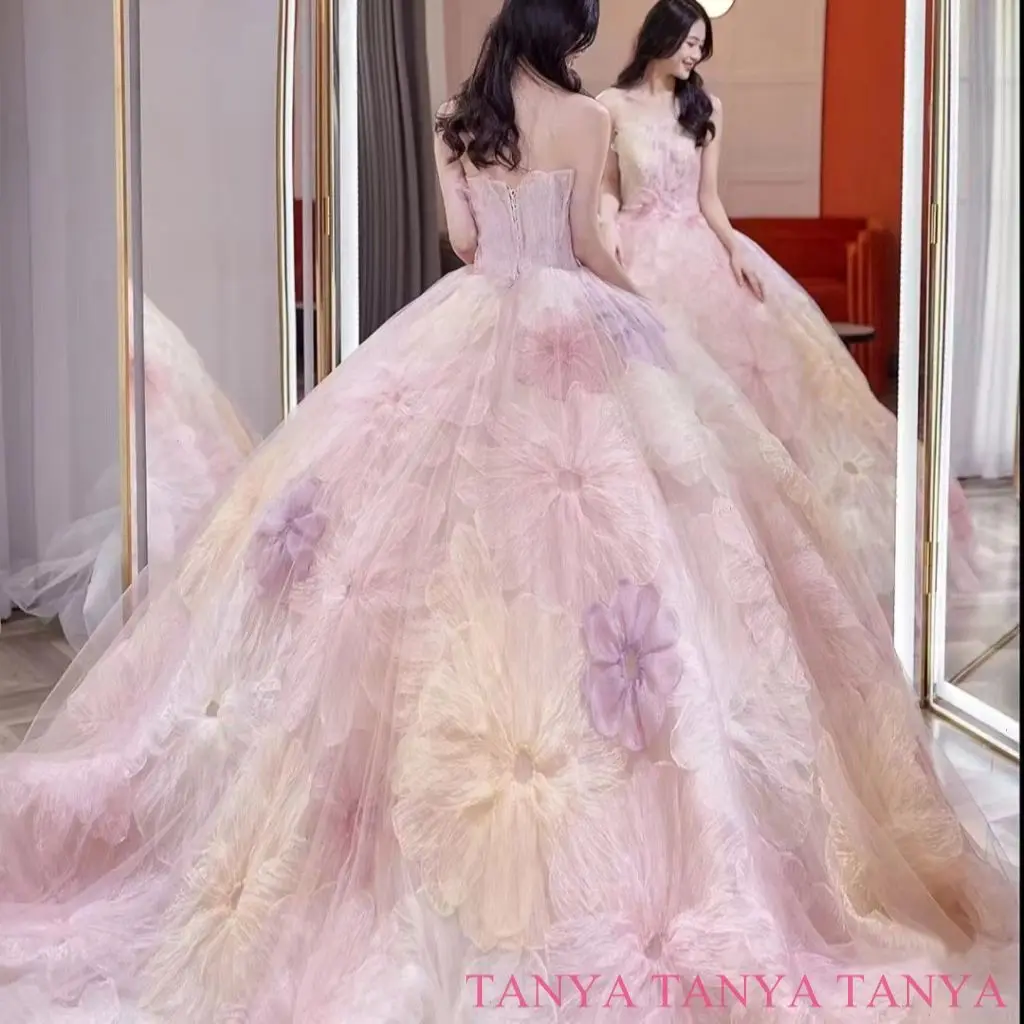 Customized Fancy Wedding Dress Strapless Sleeveless Lace Up Back Bridal Gown Floral Print Chic Vestidos De Noiva SWD845