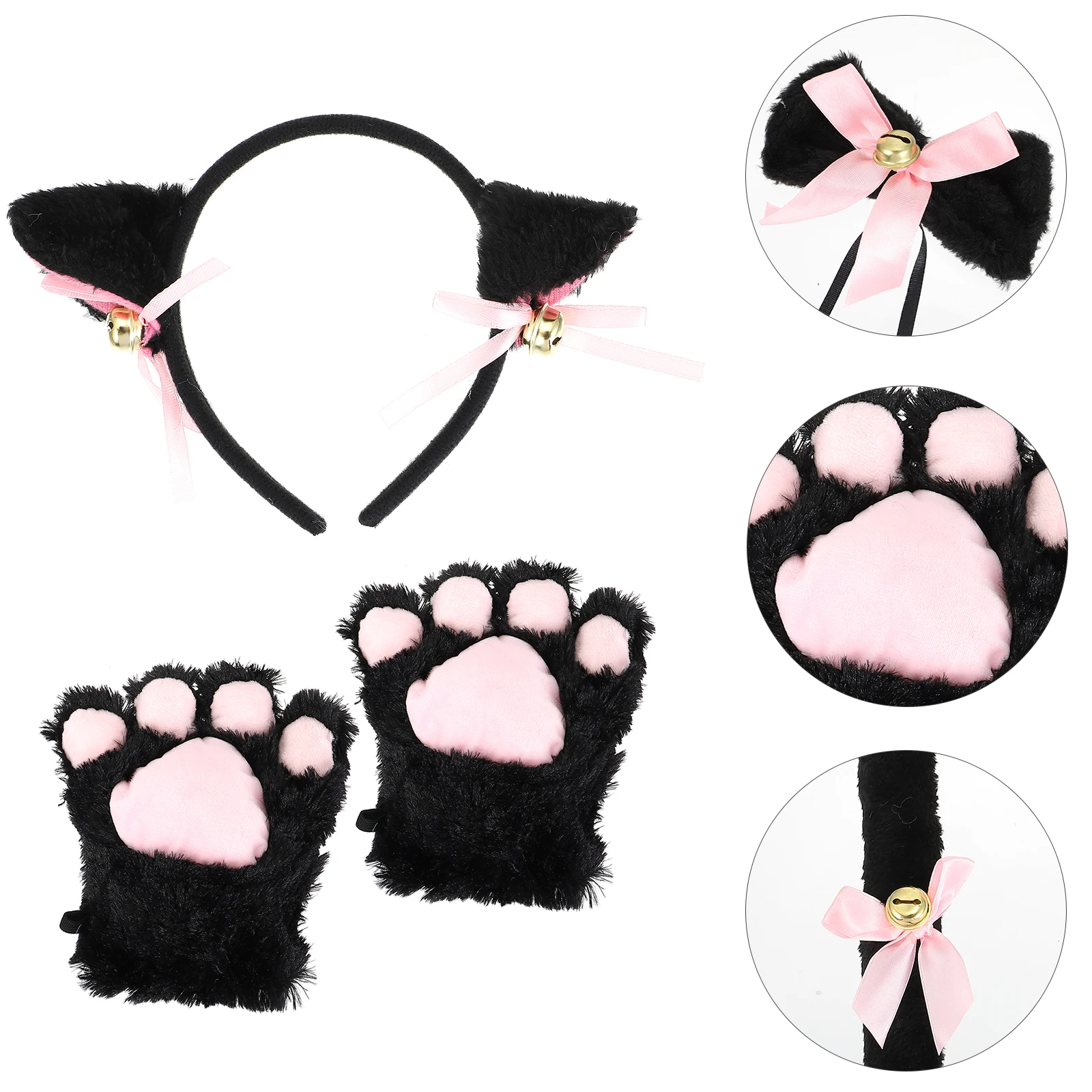 

5pcs Cat Girl Cosplay Costume Black Headband Tail Set Paw Ears Role Play Outfit Masquerade Party Halloween Xmas Performance