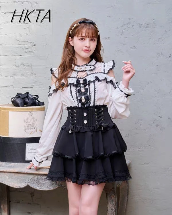 Liz Shirts Blouse Japanese Mine  High Waist Thin Collar Off-the-shoulder Lace Bow Blouses Sweet Lolita Long-sleeve Chiffon Shirt