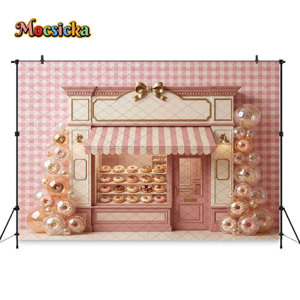 Mocsicka Pink Donut Shop Backdrop Photography Sweet Bakery Checkered Background for Girl Birthday Baby Shower Party Photo Shoot