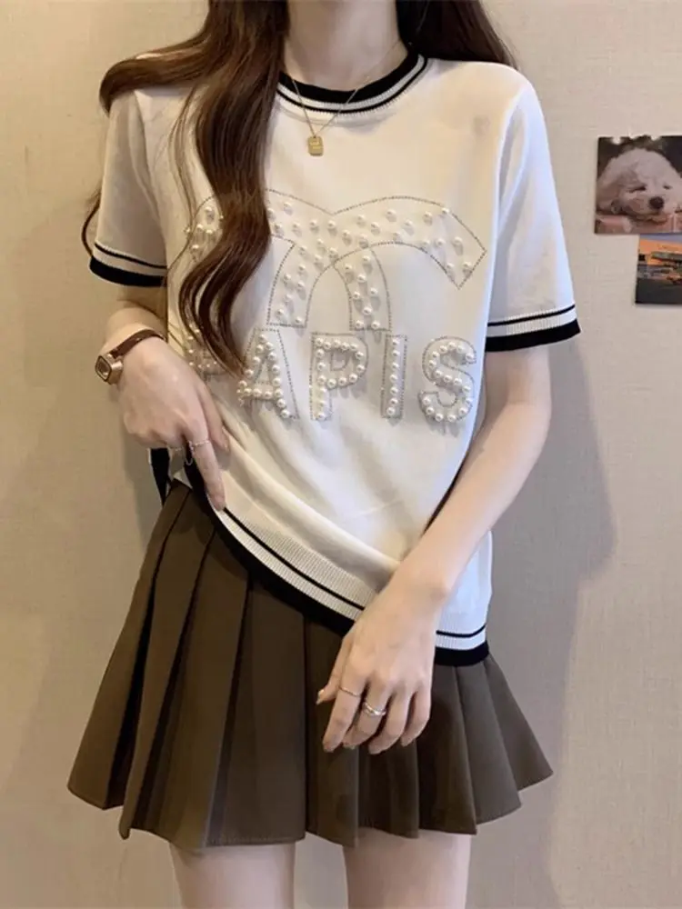 Summer Short-sleeve Knit Top T-shirts Letter Beaded Women Knitwear Soft Lightweight T-shirts Harajuku Vintage T Shirt Tops