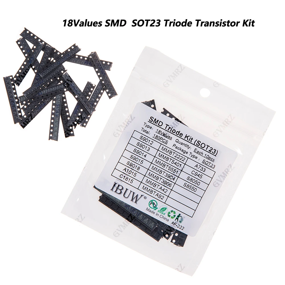 180PCS 18Values SMD Triode Transistor Kit SOT23 (S9012/MMBT2222/A733 etc.) Component DIY MMBTA92 S8550 S850 C945 A733 C1815