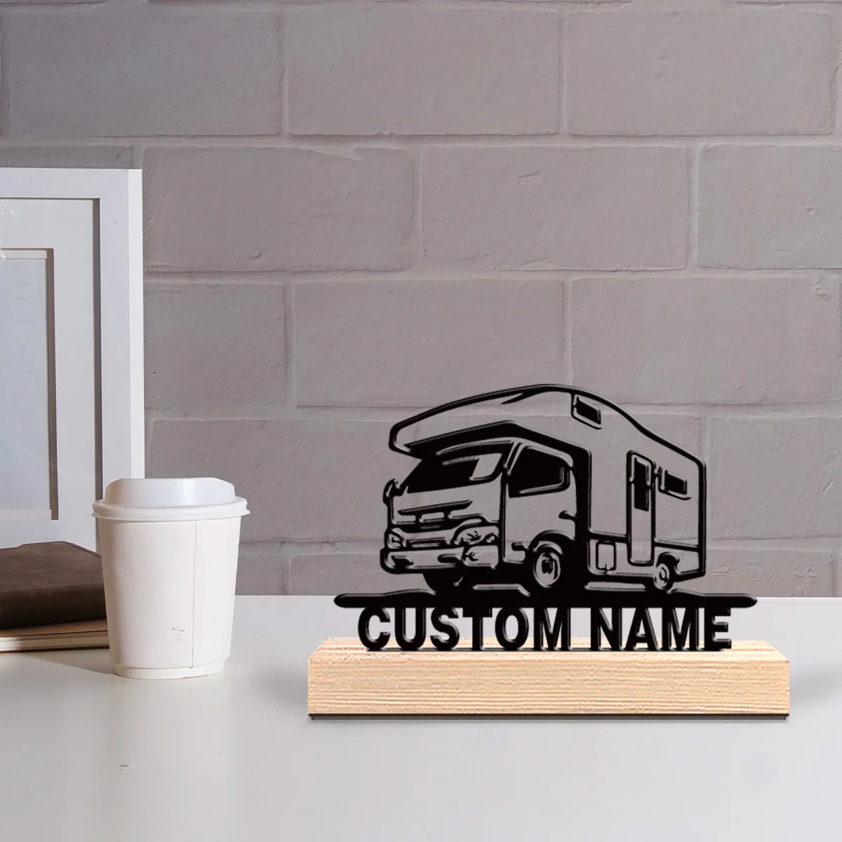 1pc New Personalized Custom Motorhome Metal Art With Wooden Base Tabletop Decoration Wooden Base Wall Decor for Living Room, Gar