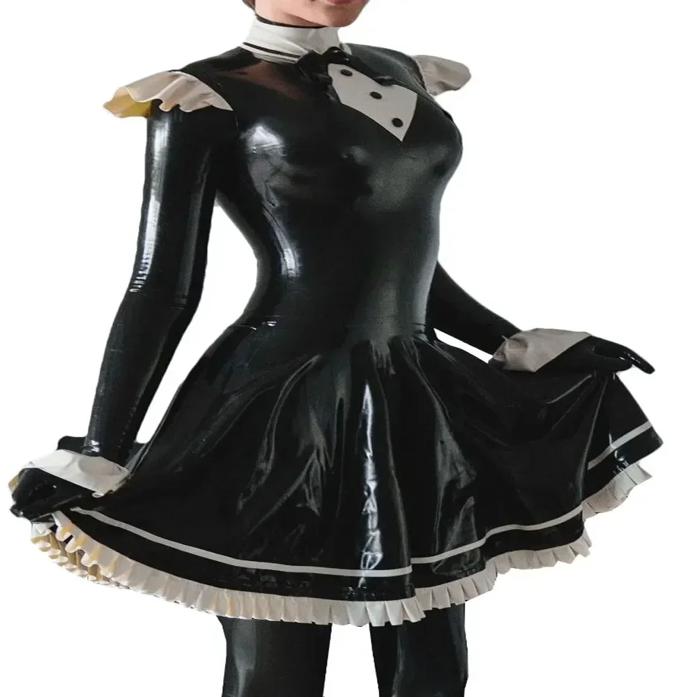

Plus Size French Lolita Dress, Long Sleeve, High Neck Pleated Mini Vestido, Vinyl PVC Leather Ruched, Fantasia Carnival Costumes