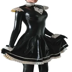 Plus Size French Lolita Dress, Long Sleeve, High Neck Pleated Mini Vestido, Vinyl PVC Leather Ruched, Fantasia Carnival Costumes