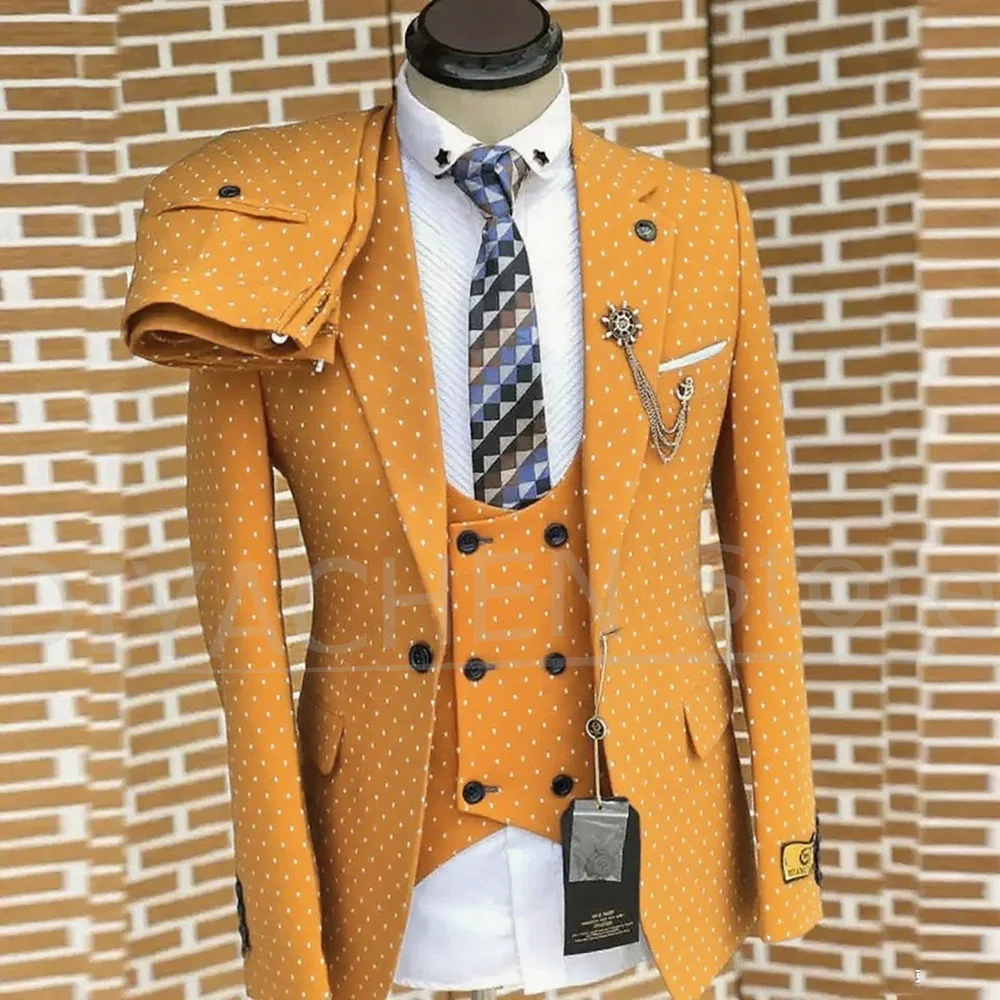 Fashion Dot Suits for Men Navy Blue Chic Notch Lapel Male Blazer Set Formal Casual Wedding Tuxedo 3 Piece (Jacket+Vest+Pants)
