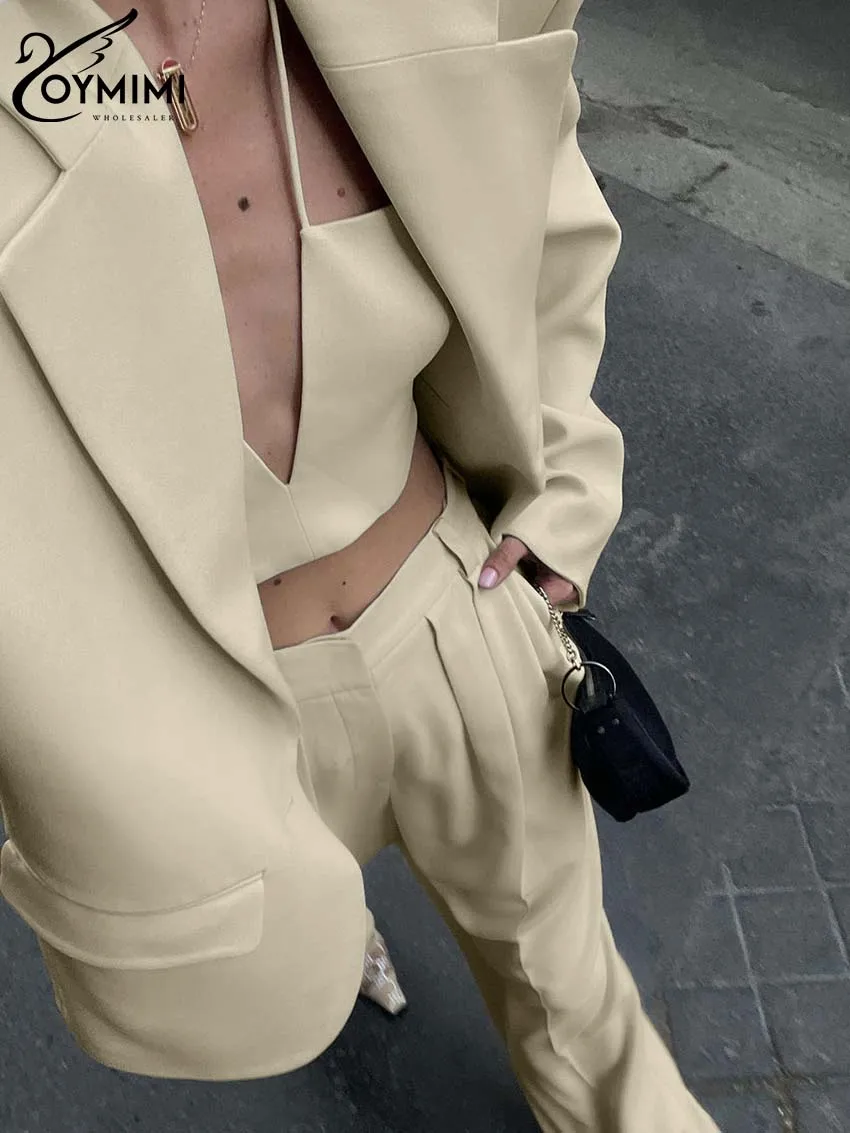 Oymimi Elegant Khaki Office Womens 2 Piece Outfit Set Fashion Long Sleeve Single Button Blazers And Simple Straight Trousers Set