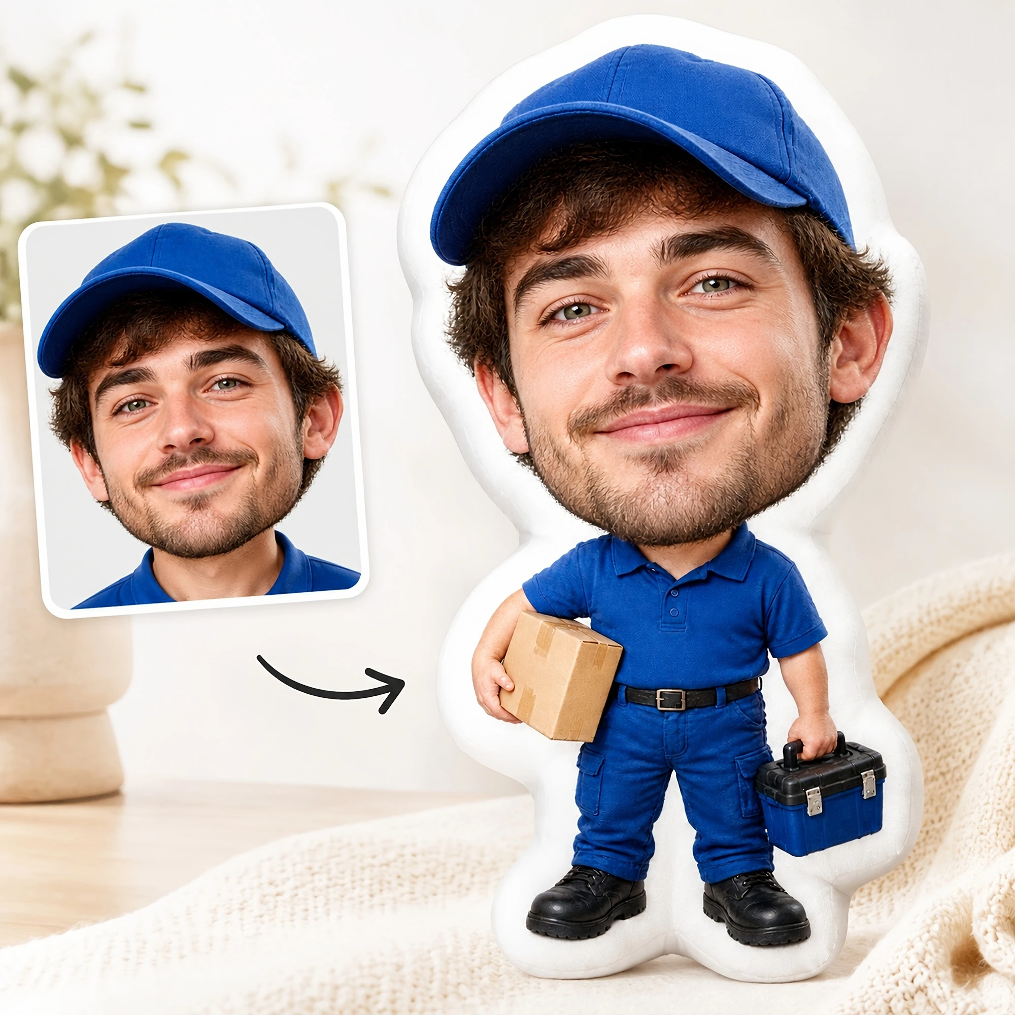 1pc 2D Flat Custom Double-Sided Printed Funny Irregular Throw Pillow, Personalized Worker Portrait Cushion for Home Sofa And Off