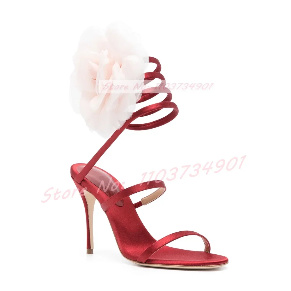 Pink Lace Flower Fairy Cross Strap Sandals Women Elegant Satin Round Toe Stiletto Shoes Ladies Luxury Fashion High Heels Sandals view 5