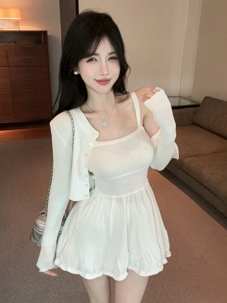 

Knitted Strap Dress Women Summer Pure Desire Sexy Waist Cinched Fluffy Skirt Beautiful Tube Top Set Dress Korean Style