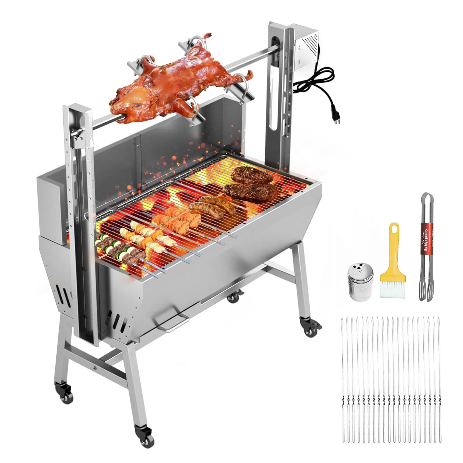 Automatic Rotisserie Charcoal Grill with Windscreen, Food-Grade Stainless Steel Outdoor Spit Roaster, Adjustable Height BBQ Oven with Lockable Wheels