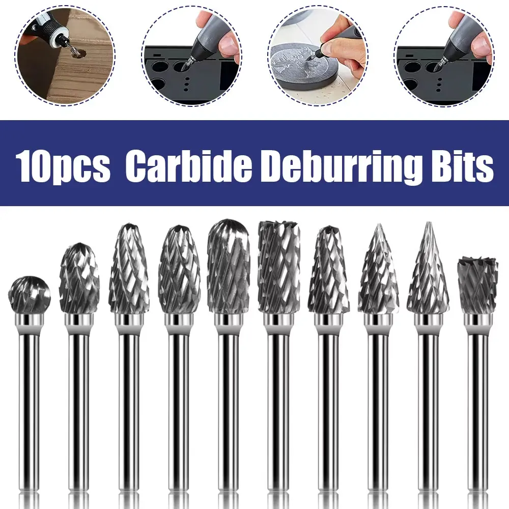 

Набор твердосплавных заусенцев, 10 шт., совместимый с шлифовальной машиной с хвостовиком Dremel 1/8 дюйма, вращающийся инструмент, рашпиль, биты, резьба по дереву, металлу, электрическое шлифование