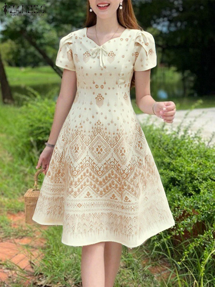 Women Long Dress ZANZEA 2025 Summer Bow Bohemian Elegant Short Sleeve Print A-line Sundress Square Collar Casual Party Vestidos