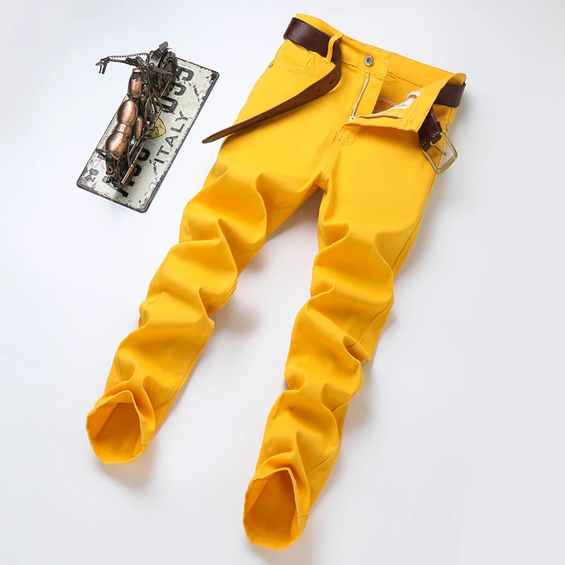 Korean Men Denim Jeans Casual Red Yellow Pink Youth Party Young Classic Male Straight Jeans Design Fashion Pants Elastic