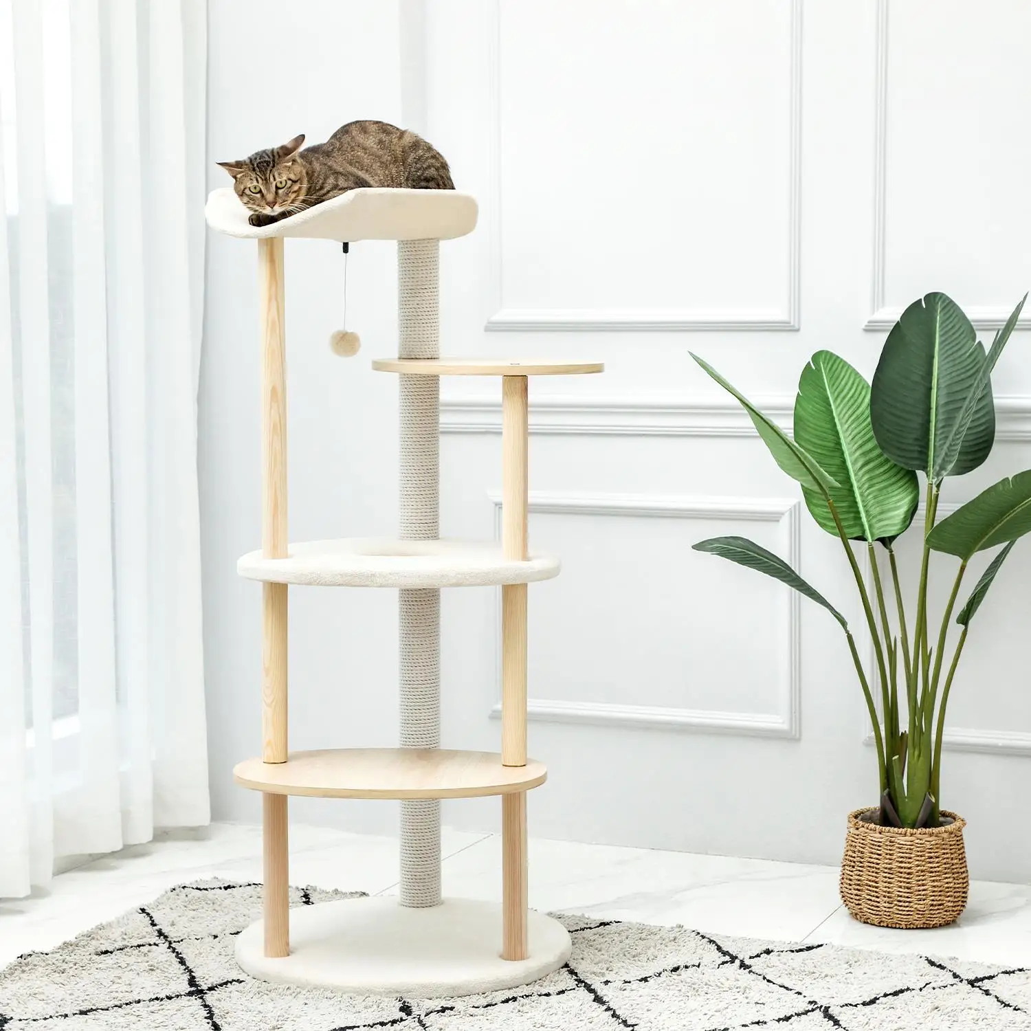 Modern Multi-Level - Wooden Activity Center with Scratching Posts - Beige Cat Tree