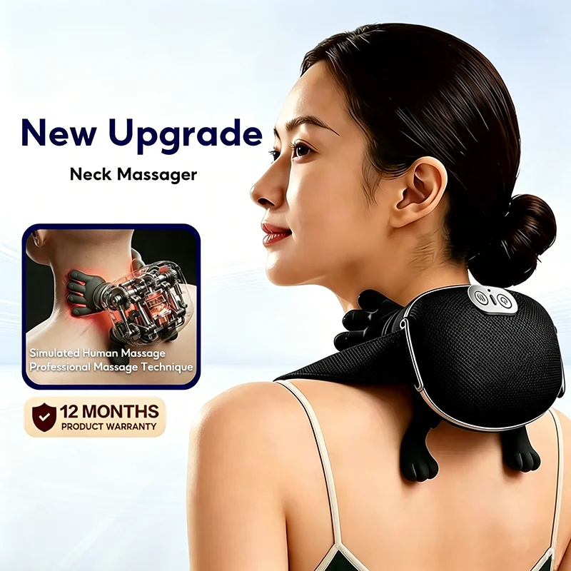 Black 4D Bionic Finger Neck Shoulder Massager Trapezius Neck Cervical Kneading Massage Shawl Brushless Motor Neck Masajeador