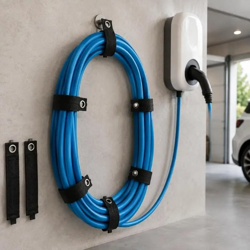 M76E Extendable Cable Strap Set, 6 Black Wraps with Eyelet Ends for Securing Coiled Cords at Separate Home Garage Storage Points