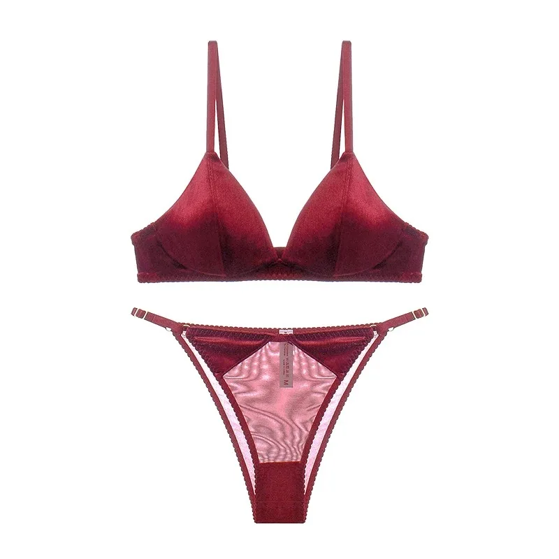 French sexy women's Underwear set velvet triangle cup underwear thin style big chest small no steel ring comfortable bra set