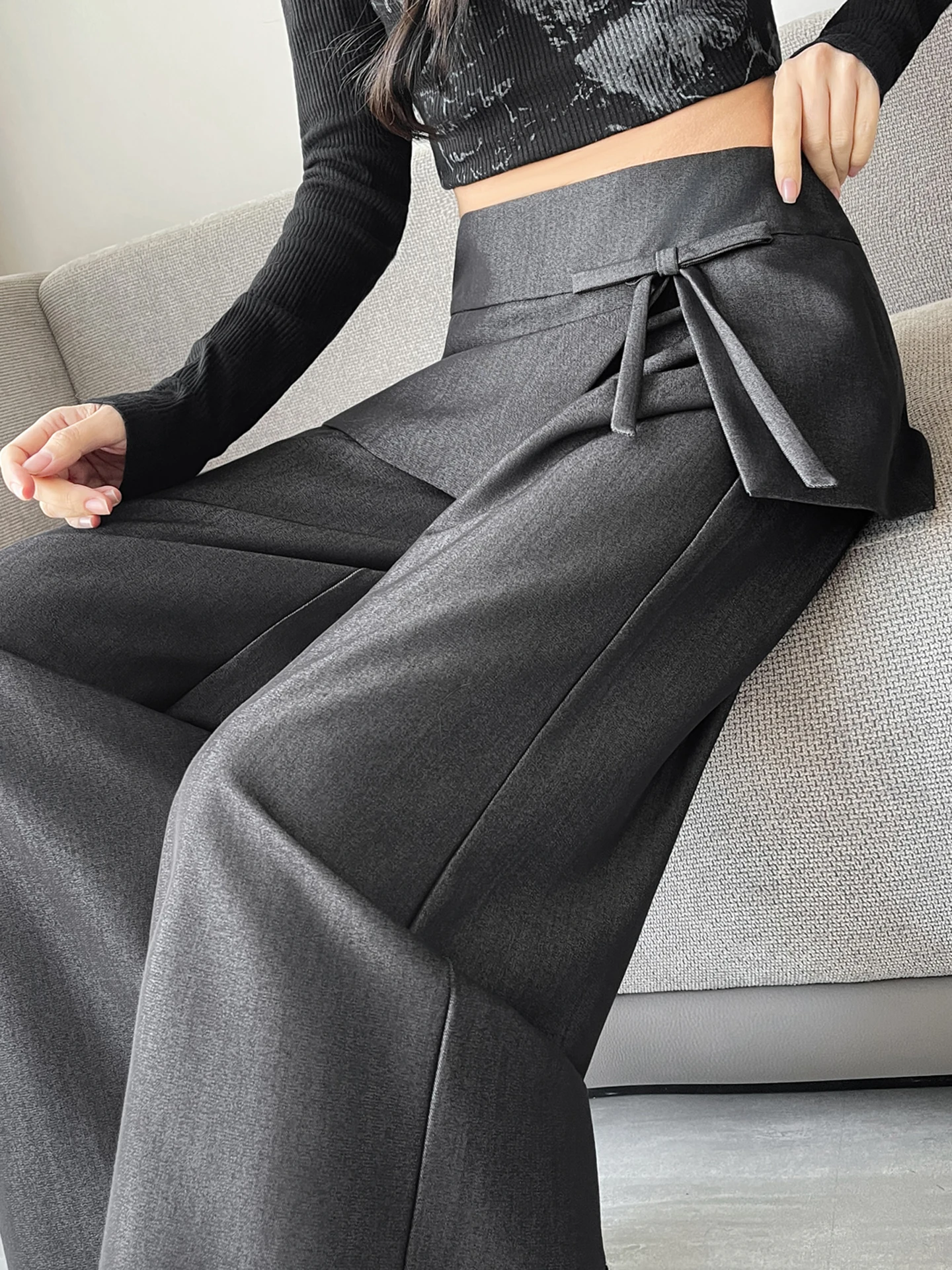 

Женские повседневные брюки с высокой талией для коррекции фигуры, весна-осень, новинка, широкие брюки-клеш с асимметричным дизайном, длина в пол