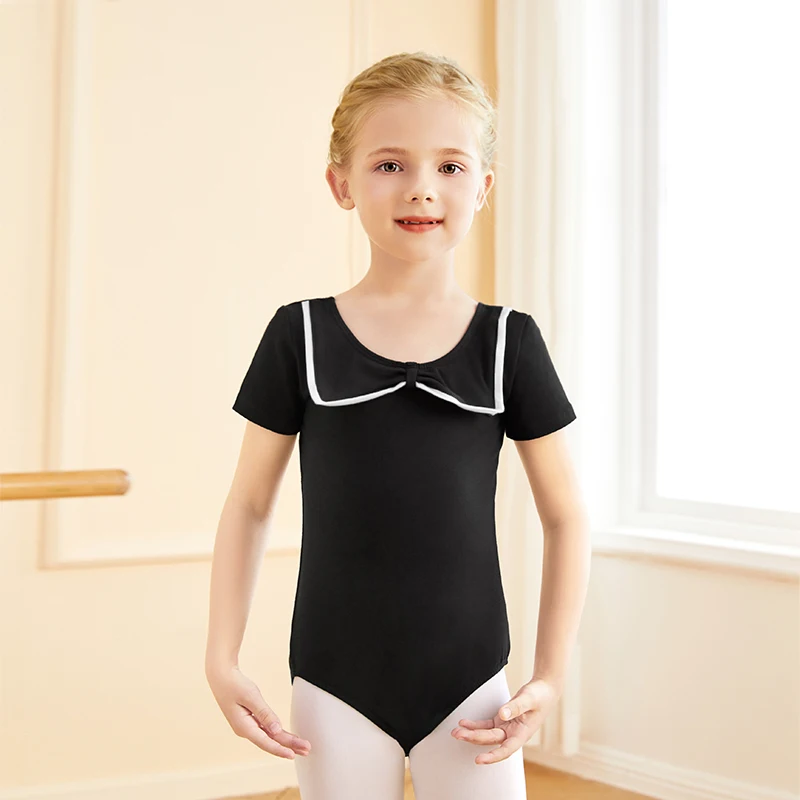 Girls Cotton Contrasting Butterfly Collar Leotards Short Sleeves Cute Toddlers Children Dance Costume for Ballet Gymnastics