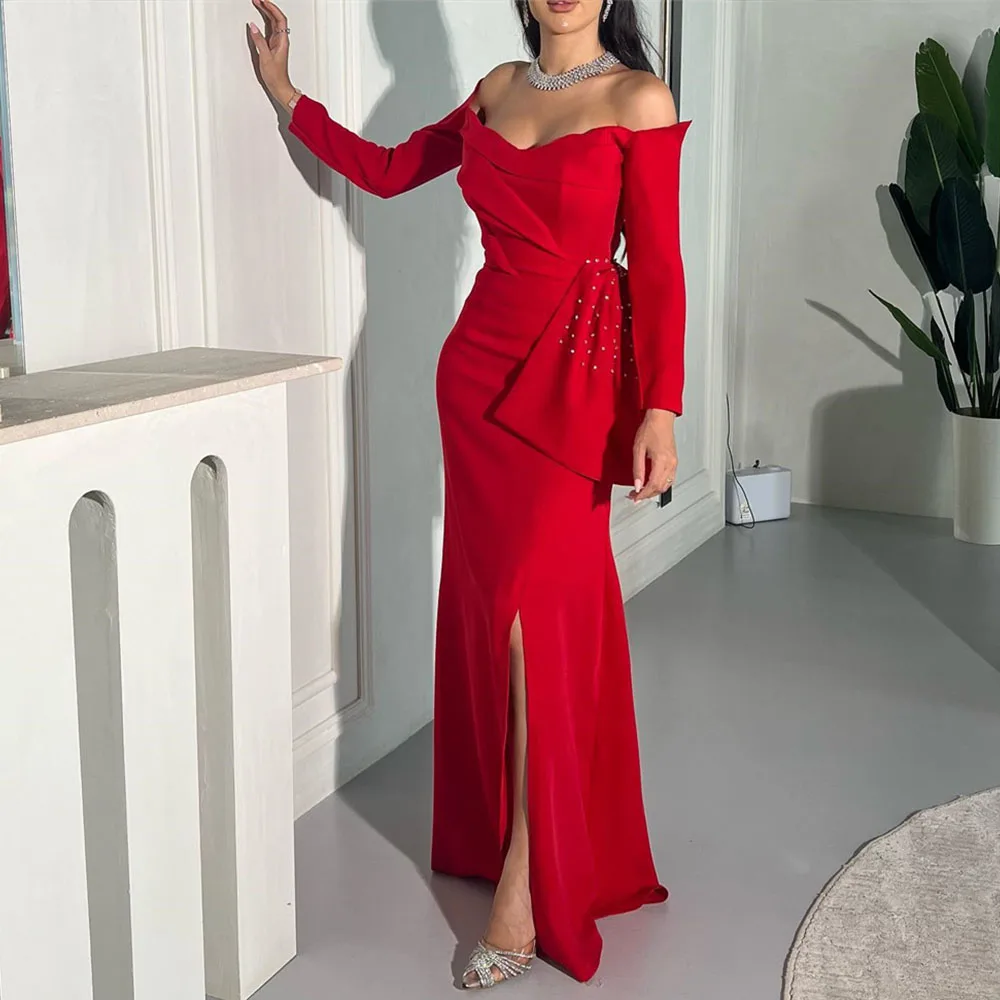 

Off the Shoulder Prom Gown for Women Full Sleeves Pleat Side High Slit Solid Color Evening Party Dresses فساتين للحفلات الراقصة