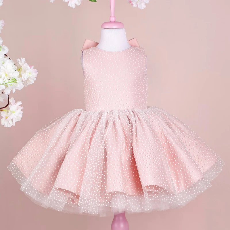 Pink Flower Girl Dresses Satin Polka Dot Skirt With Bow Sleeveless For Wedding Birthday Party Banquet Princess Gowns