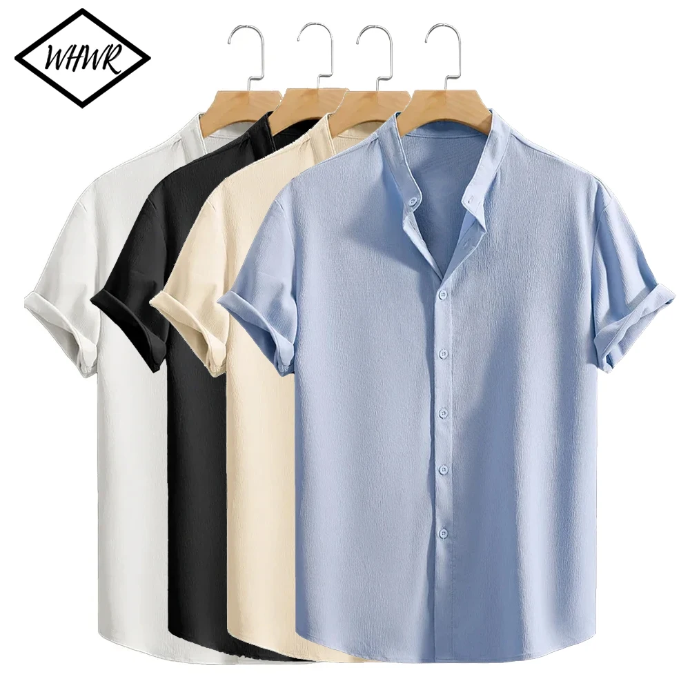 Herren Casual Kurzarmhemden Atmungsaktive Freizeit Street Wear Stand Up Button-Down Einfarbige Hemden Vintage Urlaubsbluse