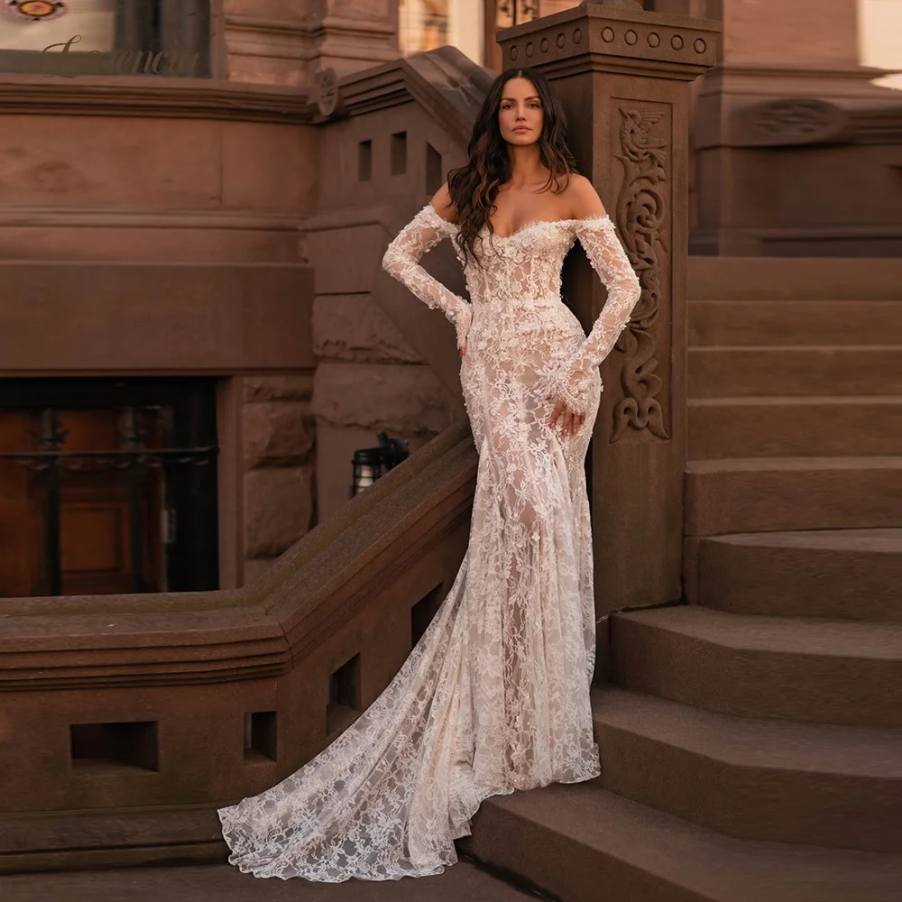 Lorencia Exquisite Lace Mermaid Wedding Dresses Off the Shoulder Long Sleeves Backless Fitted Bridal Gowns Customized