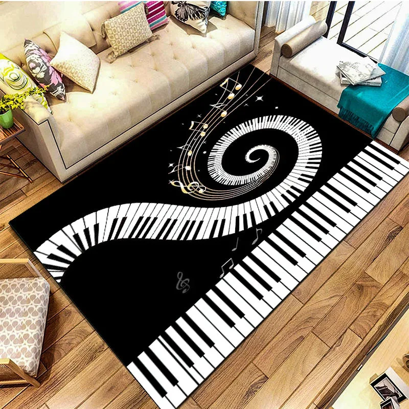 Creative Music Piano Keyboard Notes Round Rug Black White Swirl Design Non-slip Machine Washable Floor Mat for Home Room Decor