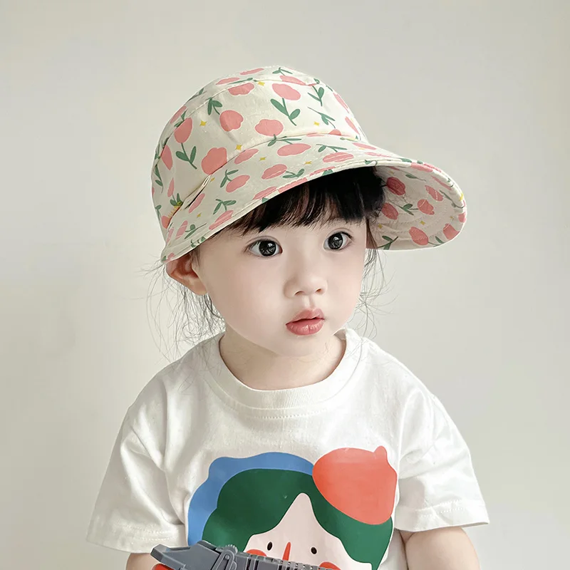Girl Ponytails Empty Top Cap Children Sun Protection Duckbill Hat 2-6Year Baby Summer Sunshade Visors Flower Kids Baseball Caps