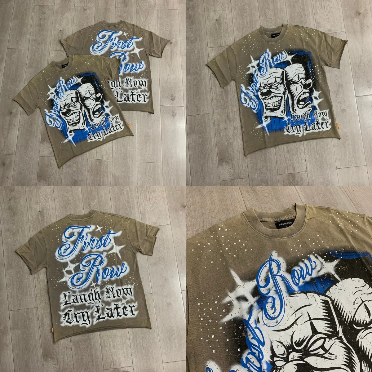 Oversized Vintage High Quality Rhinestone Tee Men FIRST ROW T-shirt Retro Y2K Fashion Streetwear Loose Crew Neck Casual Shirts