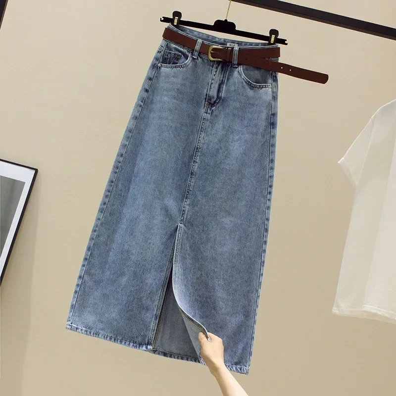 Vintage Denim Wrapped Hip Skirts For Women 2025 Summer Casual Women's High Waist Split Midi Skirt Street Korean A-Line Skirt
