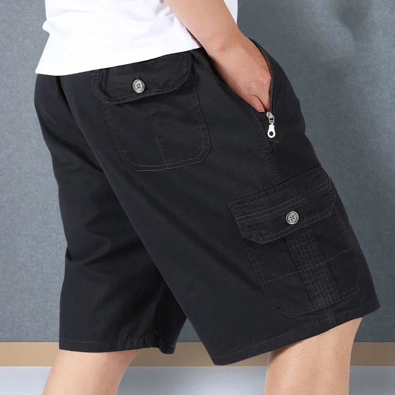 Summer New Loose Zipper Pocket Solid Casual Shorts All-match Plus Size Elastic Waist Fashion Trend Sweatpants Korean Men Clothes