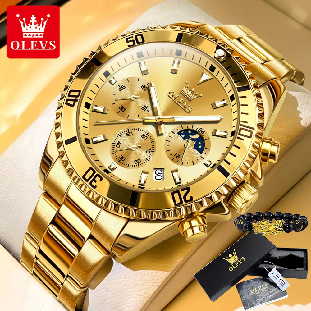 Olevs Herren uhren Luxus goldene Armbanduhr für Herren Chronograph High-End wasserdichte Original Mondphase Quarz Herren uhr