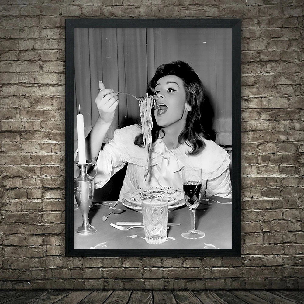Woman Eating Spaghetti In Paris Art Poster Print,Italian Couple Eating Pasta Funny Black And White Wall Art Canvas Prints Decor