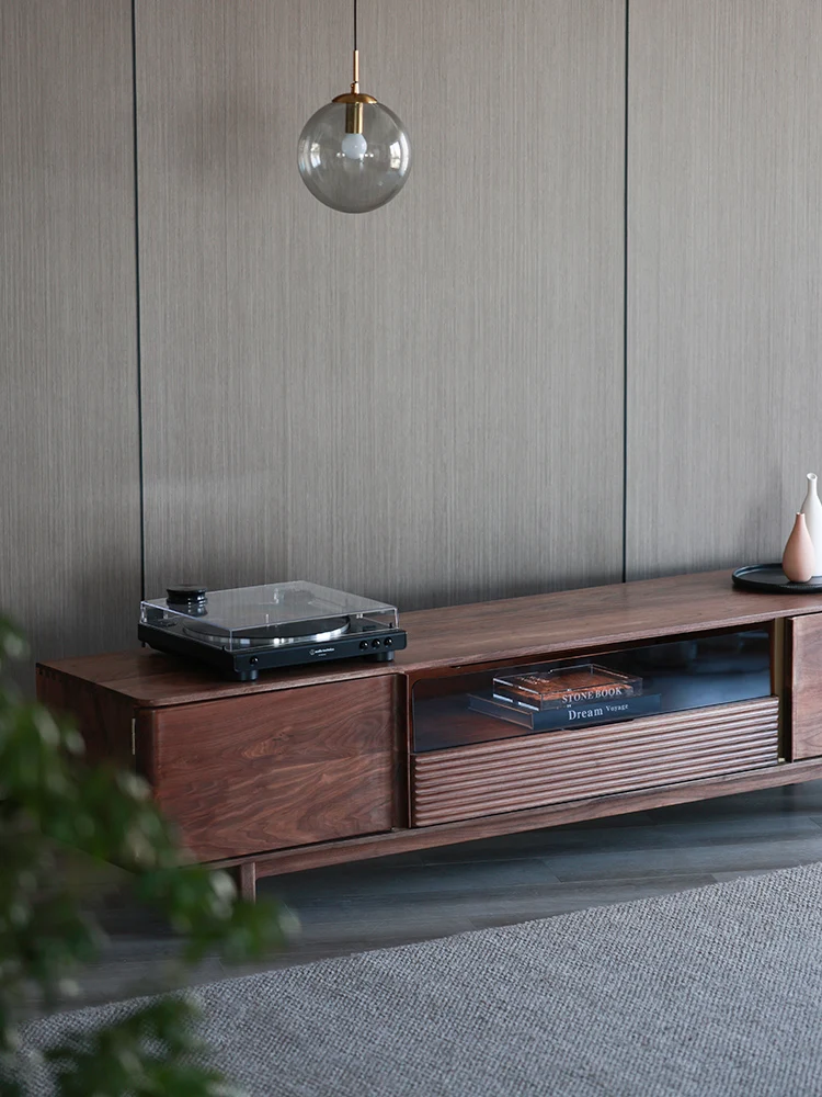 North American simple modern rock slab solid wood floor living room small apartment black walnut TV cabinet