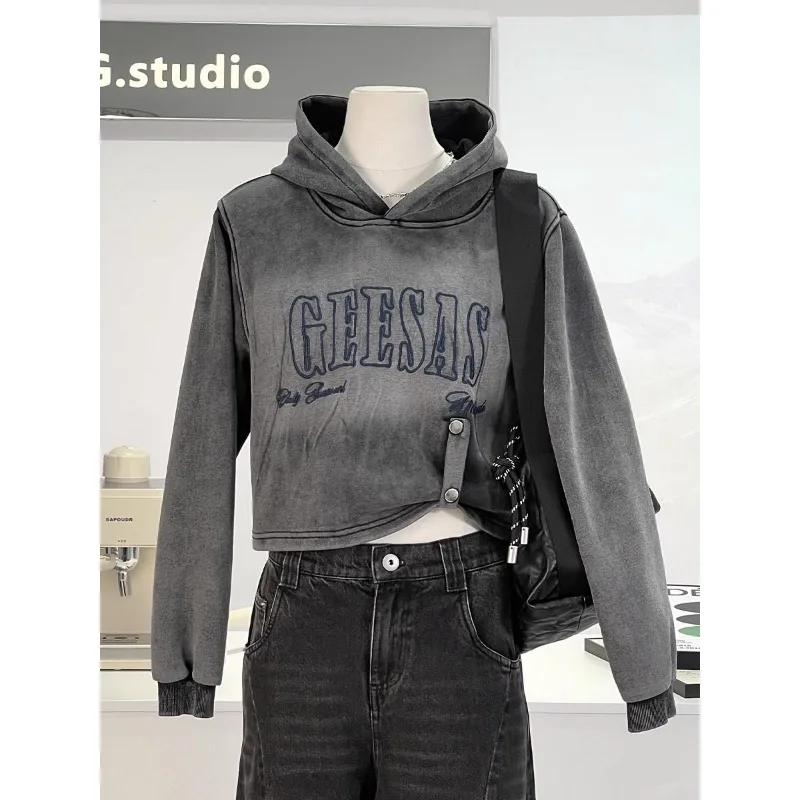 American Style Old Gradient Hooded Sweatshirt Autumn Women's Short Jacket Retro Trendy Brand Slim Top