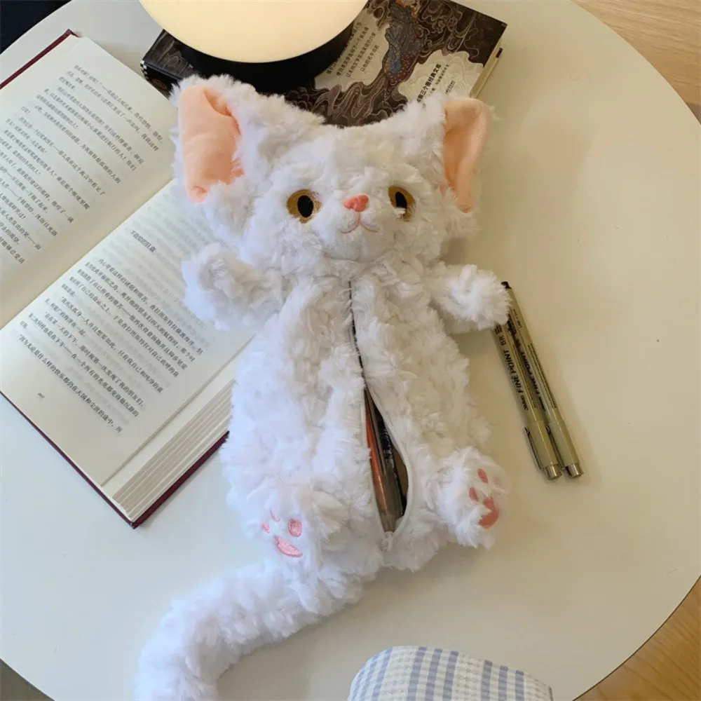 Tempat Pensil Tas Pensil Kucing Ekor Panjang Tas Alat Tulis Kucing Simulasi Kantong Pena Kucing Kartun Kapasitas Besar Anak-anak