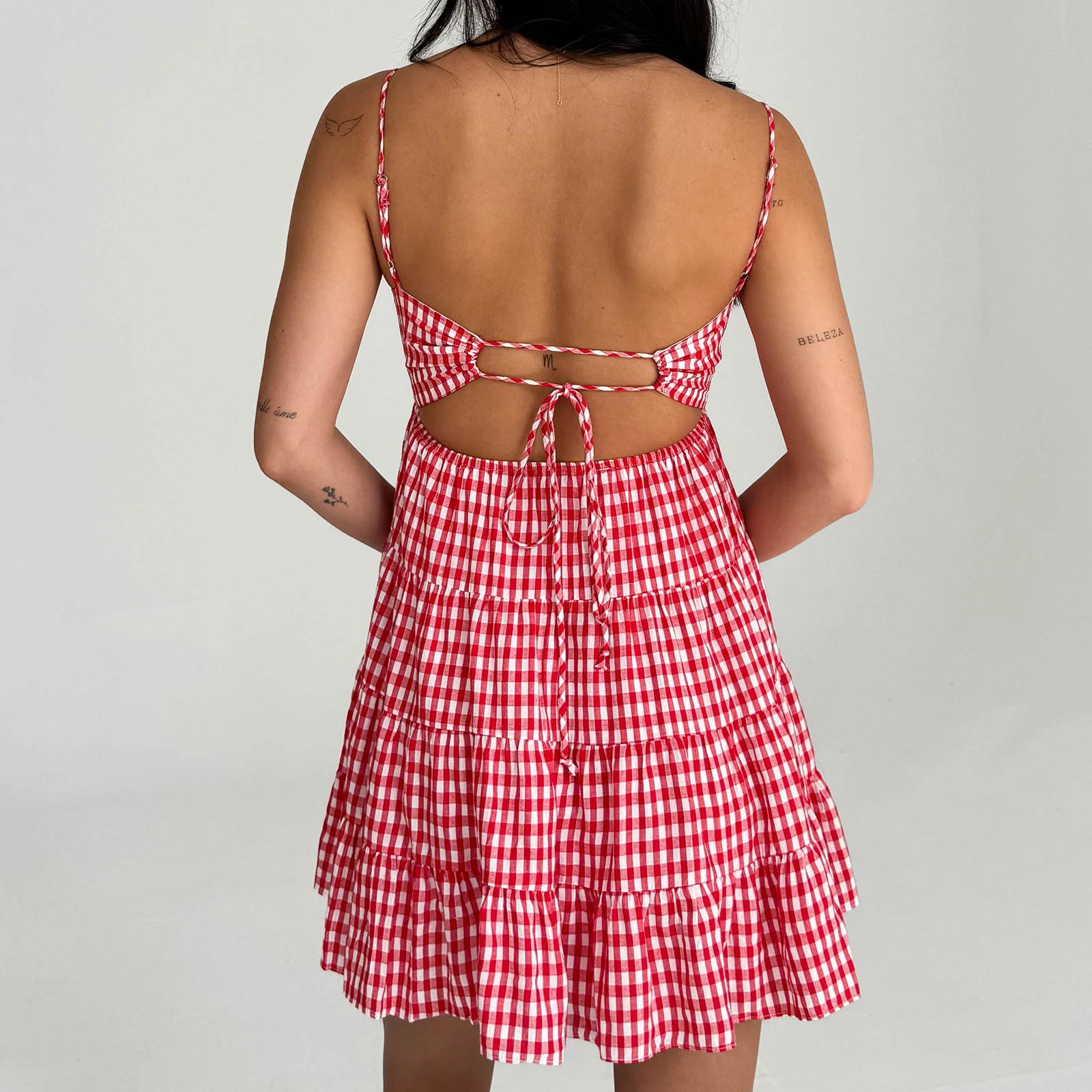 Vestido camisero con tirantes finos y estampado a cuadros para mujer, cuello en forma de corazón, dobladillo escalonado, cordones en la espalda