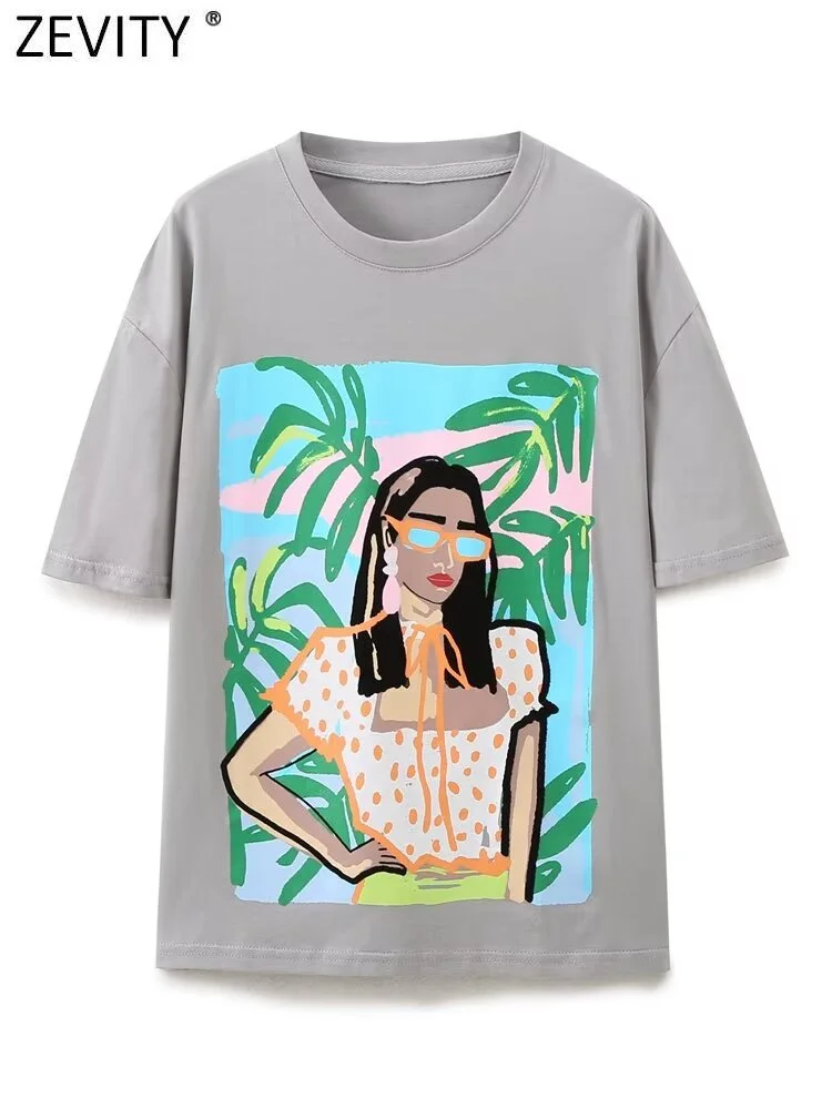 Zevity 2024 Women Fashion Wash Effect Girls Print Casual T Shirt Female O Neck Short Sleeve Leisure Y2K Chic Tops T7115