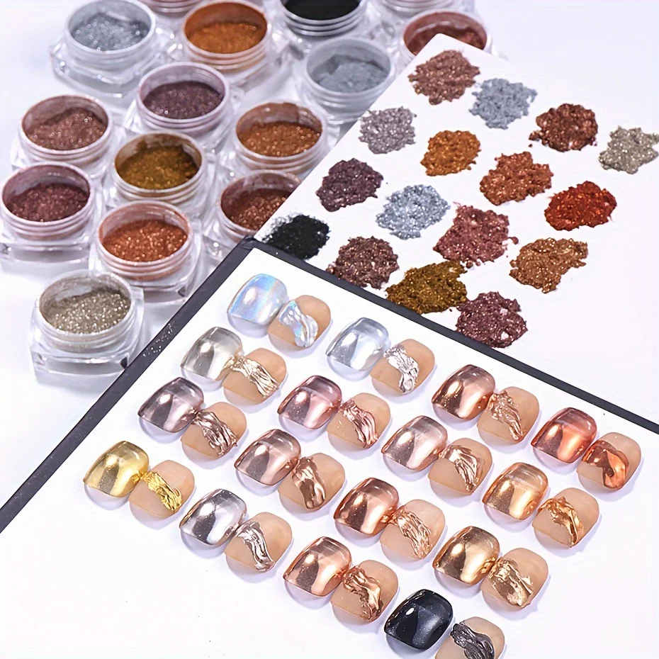 

16 коробок, золотой, серебристый эффект, волшебная зеркальная пудра для ногтей, хромированная пудра для дизайна ногтей, металлическая натирающая пыль, гель-лак, пигмент, порошок для маникюра