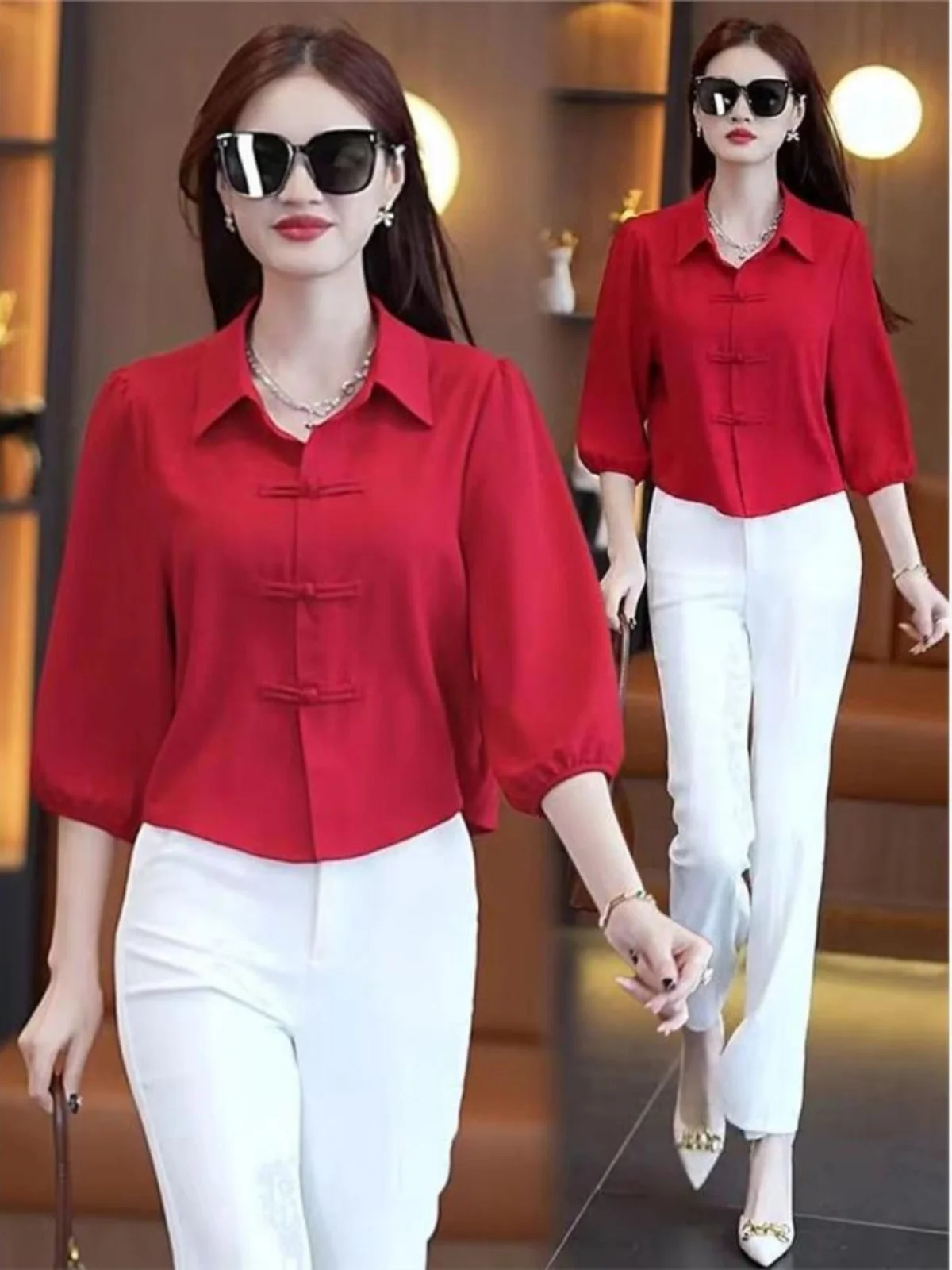 Loose Autumn Shirt Women's Style Seven Sleeve Cover Belly Button up Top Pure Color Henry Collar Other Material 100%