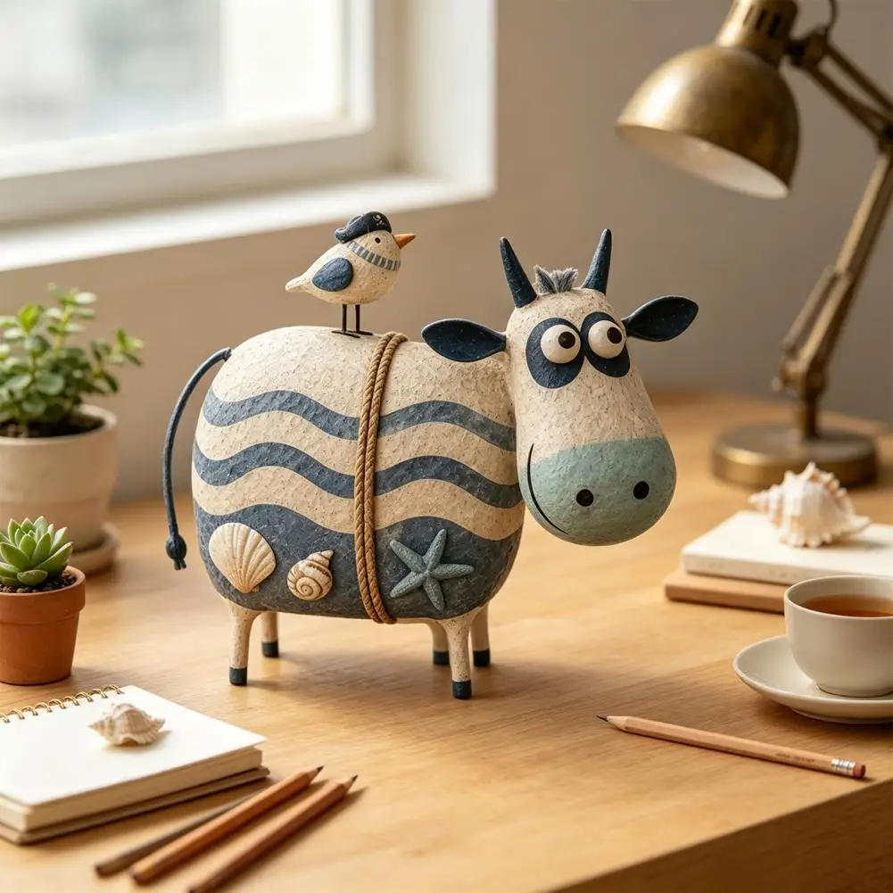 Pastoral Decor Handcrafted Resin Milk Cow Statue Rustic Farmhouse Figurine Cute Desktop Sculpture for Home Decor Office Shelf