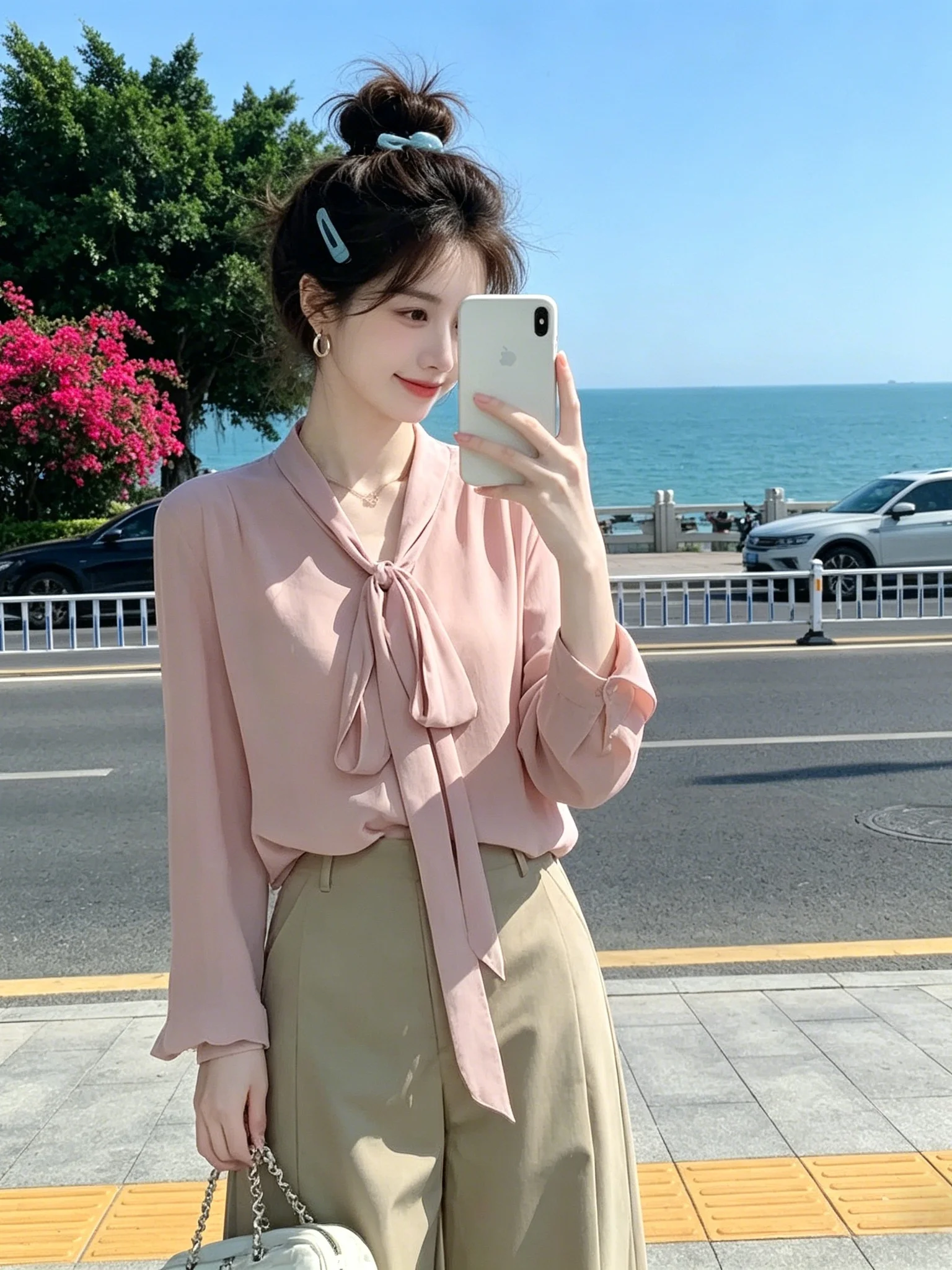 Pink Bow Tie V-Neck Long Sleeve Shirt Women's Spring Summer Unique Beautiful Loose Sun Protection Top Korean Style Commute Wind