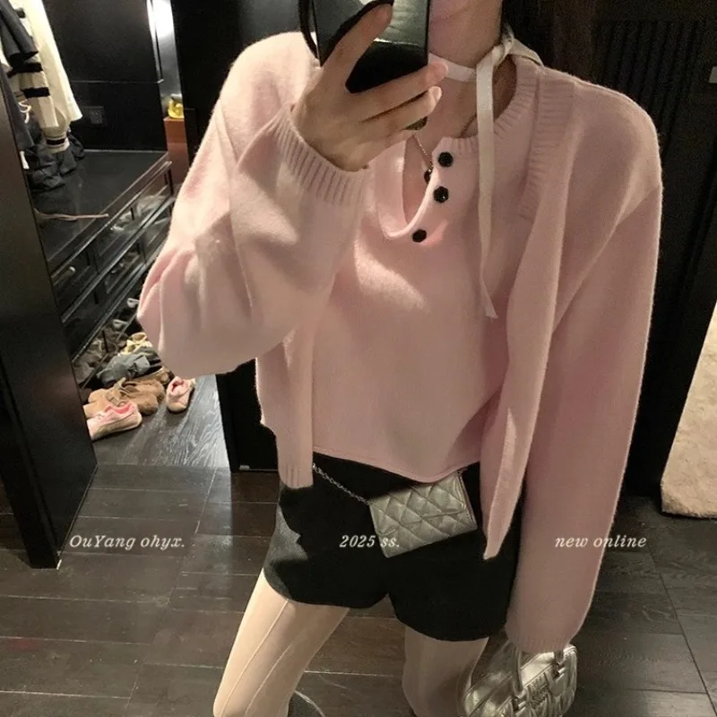 Fake Two Pieces Stitching Casual Long-sleeved Sweater Women 2025 Autumn New O-neck Buttons Loose All-match Knitted Tops