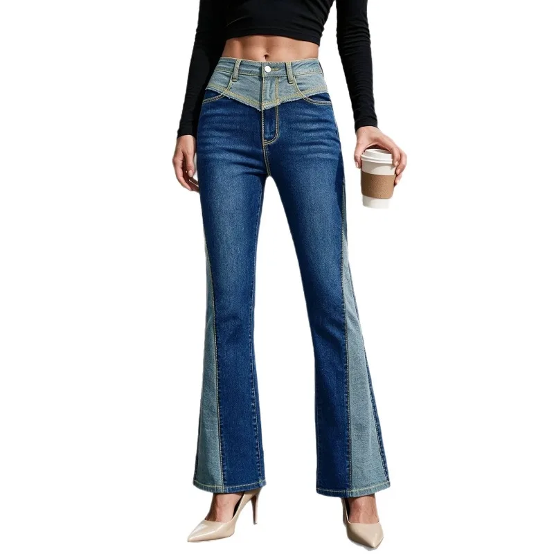 2026 Spliced Contrast Color Washed Jeans Women Distressed Denim Bell-bottoms Autumn High-waisted Slim Jeans Streetwear Trousers
